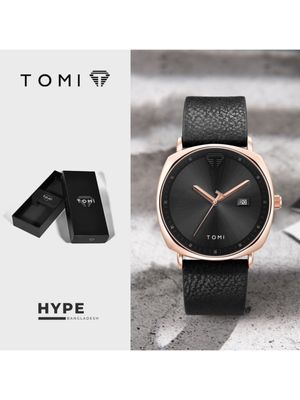 TOMI T-044 Men's Quartz Leather Belt Watch With Date (Black-Rosegold)_img_0