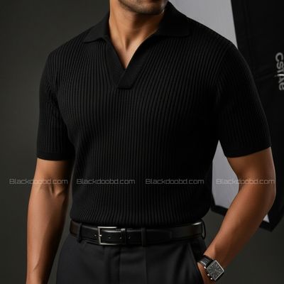 Old Money Men’s Polo – Ribbed Cotton Knit | Black_img_0