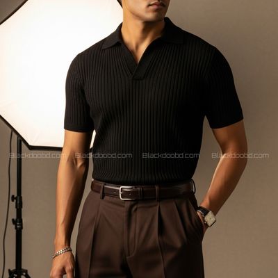 Old Money Men’s Polo – Ribbed Cotton Knit | Black_img_1