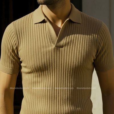 Old Money Men’s Polo – Brown Ribbed Cotton Knit Shirt_img_2