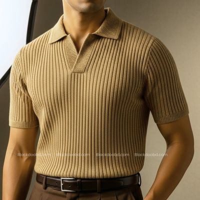 Old Money Men’s Polo – Brown Ribbed Cotton Knit Shirt_img_3