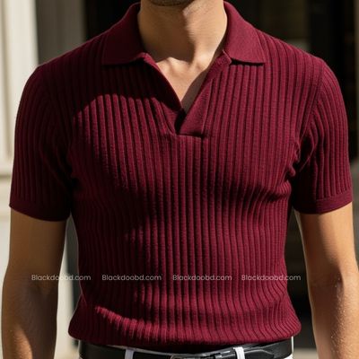 Old Money Men’s Polo – Maroon Ribbed Cotton Knit Shirt_img_0