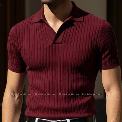 Old Money Men’s Polo – Maroon Ribbed Cotton Knit Shirt_img_1