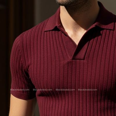 Old Money Men’s Polo – Maroon Ribbed Cotton Knit Shirt_img_2