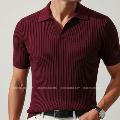 Old Money Men’s Polo – Maroon Ribbed Cotton Knit Shirt_img_3