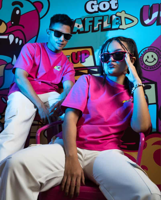 Waffle Up Large Character Printed Unisex Oversized Drop Shoulder Graphic Tees in Pink | Waffle Up X NEED SUPPLY_img_13