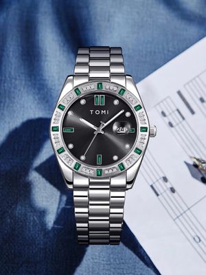 TOMI T-305 Men's Luxury Stone Stainless Steel Watch Gift Box Set (Black)_img_3