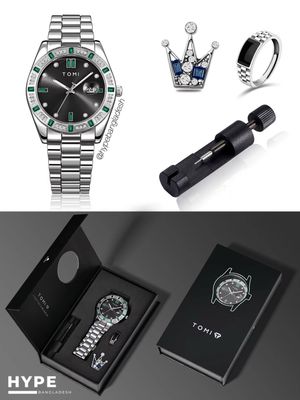 TOMI T-305 Men's Luxury Stone Stainless Steel Watch Gift Box Set (Black)_img_1