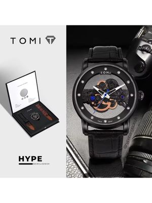 TOMI T-102 Face Gear Transperent Dual Strap Leather Belt Watch (Black)_img_0