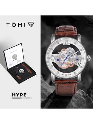 TOMI T-102 Face Gear Transperent Dual Strap Leather Belt Watch (White)_img_0