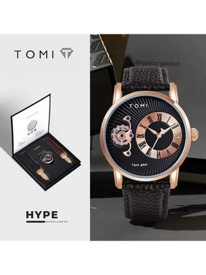 TOMI T-104 Face Gear Dual Strap Leather Belt Watch (Black)