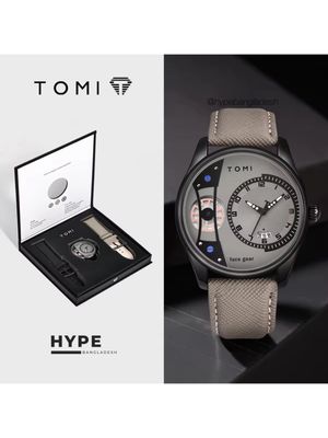 TOMI T-105 Face Gear Dual Strap Leather Belt Watch (Ash)_img_0