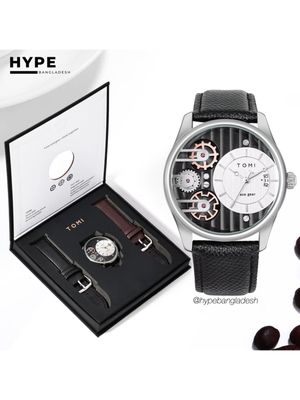 TOMI T-106 Face Gear Dual Strap Leather Belt Watch (White)_img_0