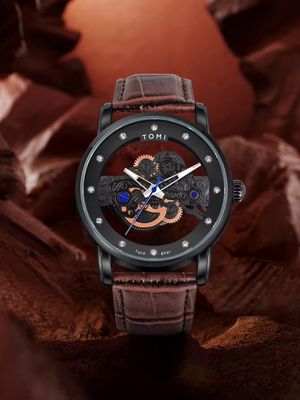 TOMI T-102 Face Gear Transperent Dual Strap Leather Belt Watch (Black)_img_2