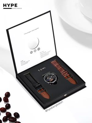 TOMI T-102 Face Gear Transperent Dual Strap Leather Belt Watch (Black)_img_4