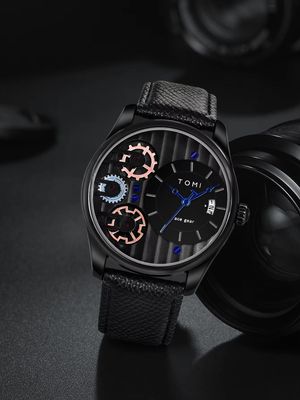 TOMI T-106 Face Gear Dual Strap Leather Belt Watch (Black)_img_1