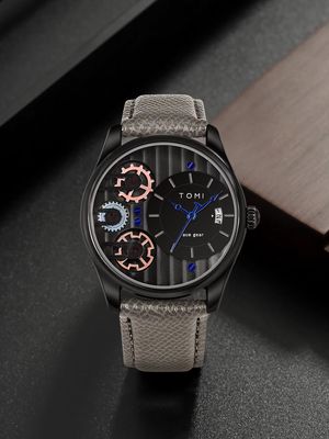 TOMI T-106 Face Gear Dual Strap Leather Belt Watch (Black)_img_2