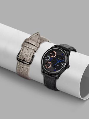 TOMI T-106 Face Gear Dual Strap Leather Belt Watch (Black)_img_3