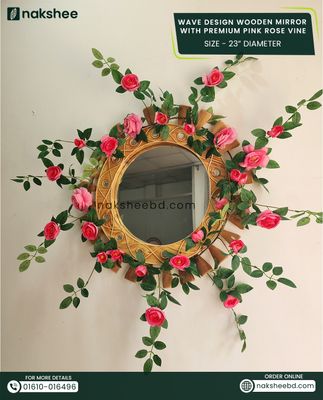 wooden mirror 23'' wooden wave + pink rose vine_img_1