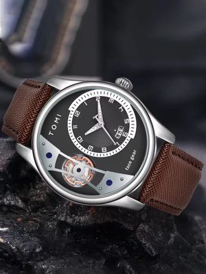 TOMI T-105 Face Gear Dual Strap Leather Belt Watch (Black)_img_2