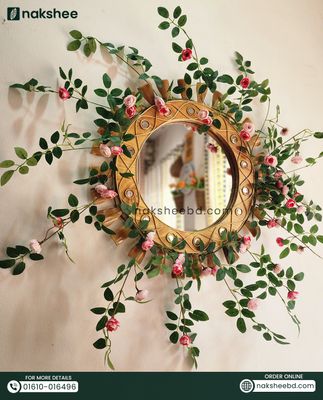 wooden mirror 23/23'' size wooden wave + pink mini rose vine_img_3