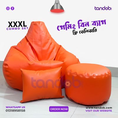 XXXL Gaming Bean Bag Chair, Leg rest & Cushion - Combo Set - Orange Color_img_0
