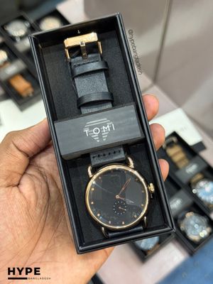 TOMI T-037 Men's Quartz Leather Belt Watch With Second Sub-Dial(Black-Rosegold)_img_1