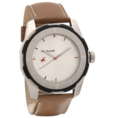 Fastrack NS3099SL01 Quartz Analog Silver Dial Leather Strap Watch_img_0