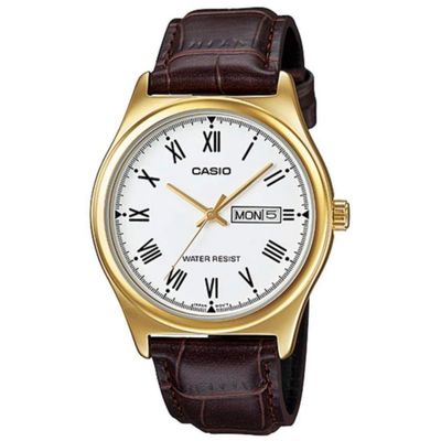 Casio MTP-V006GL-7B Men’s 42 mm Quartz Analog Watch – White Dial & Gold-Tone Genuine Brown Leather Belt_img_0