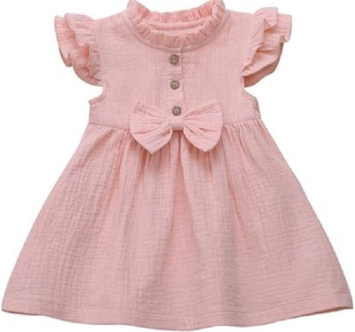 Baby Girls Bow Linen Ruffled Princess Casual Dress_img_2