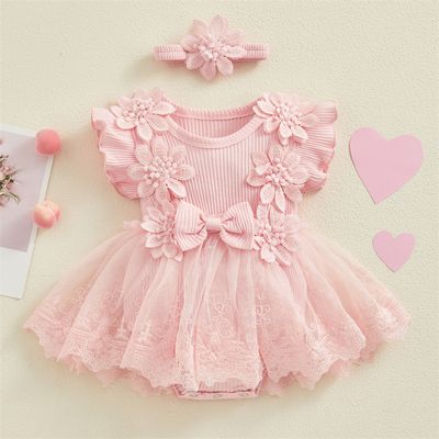 Baby Girl Flower Lace Tulle & 3D Floral Design Romper Dress with Headband (0 to 18 Months)_img_1