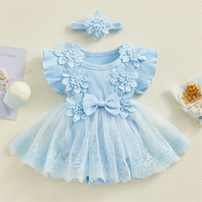 Baby Girl Flower Lace Tulle & 3D Floral Design Romper Dress with Headband (0 to 18 Months)_img_2