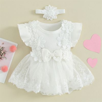 Baby Girl Flower Lace Tulle & 3D Floral Design Romper Dress with Headband (0 to 18 Months)_img_3