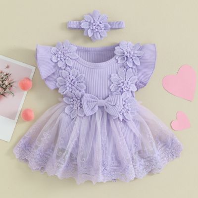 Baby Girl Flower Lace Tulle & 3D Floral Design Romper Dress with Headband (0 to 18 Months)_img_4