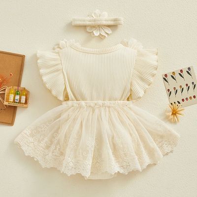 Baby Girl Flower Lace Tulle & 3D Floral Design Romper Dress with Headband (0 to 18 Months)_img_7