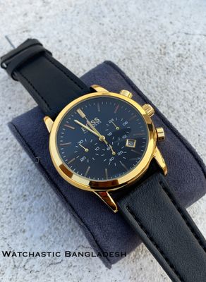 BOSS BELT THREE CHRONO BLACK BELT GOLDEN CASE BLACK DIAL_img_0
