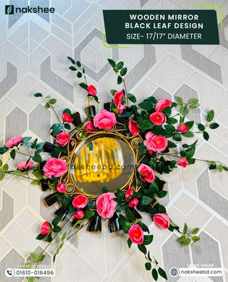 Wooden Mirror Black Leaf Design 17/17'' size + Premium rose vine_img_0