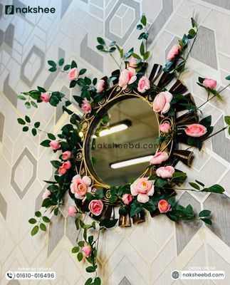 Wooden Mirror Black Leaf Design 23/23'' size + Premium rose vine_img_1
