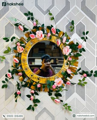 Wooden Mirror Wooden Stick Circle Design 23/23'' size + Premium rose vine_img_1