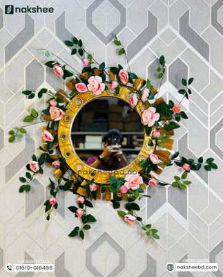 Wooden Mirror Wooden Stick Circle Design 23/23'' size + Premium rose vine_img_2