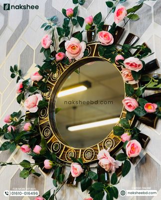 Wooden Mirror Black Stick Circle Design 23/23'' size + Premium rose vine_img_2