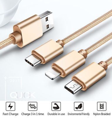 3in1 Data Usb Cable For iPhone Fast Charger 3A Charging Cable For Android Phone Type C Xiaomi Huawei Samsung Charger Wire For Ipad - Cold Black_img_4