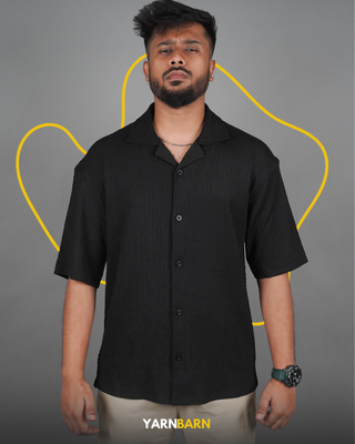 Dropped Shoulder Obsidian Black Textured Cuban/Havana Shirt_img_0