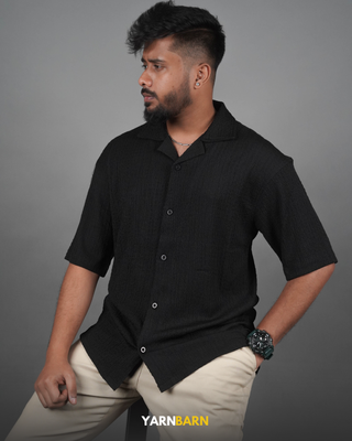 Dropped Shoulder Obsidian Black Textured Cuban/Havana Shirt_img_1