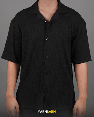 Dropped Shoulder Obsidian Black Textured Cuban/Havana Shirt_img_3