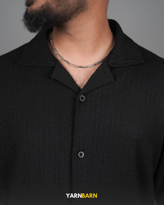 Dropped Shoulder Obsidian Black Textured Cuban/Havana Shirt_img_5
