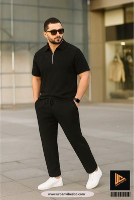 Black Color Premium Zipper Polo & Semi Baggy Trouser