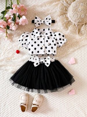 Adorable Polka Dot Puff Sleeve Baby Girl Outfit with Tulle Skirt & Matching Headband – 3 Colors_img_2