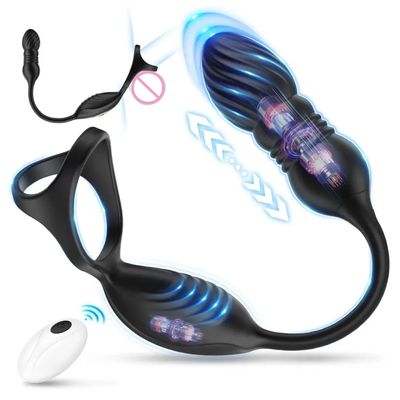 3 in 1 Prostate Massager Anal Vibrator 9 Vibrationg Thrusting with Cock Ring Butt Plug Remote Control Sex Toys P Sport Massage_img_0