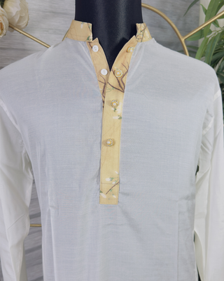 Men’s White Panjabi with Gold Printed Placket & Collar – Elegant Traditional Wear by Simple White (Punjabi BDT 4,990 + Pajama BDT 2,500)_img_1